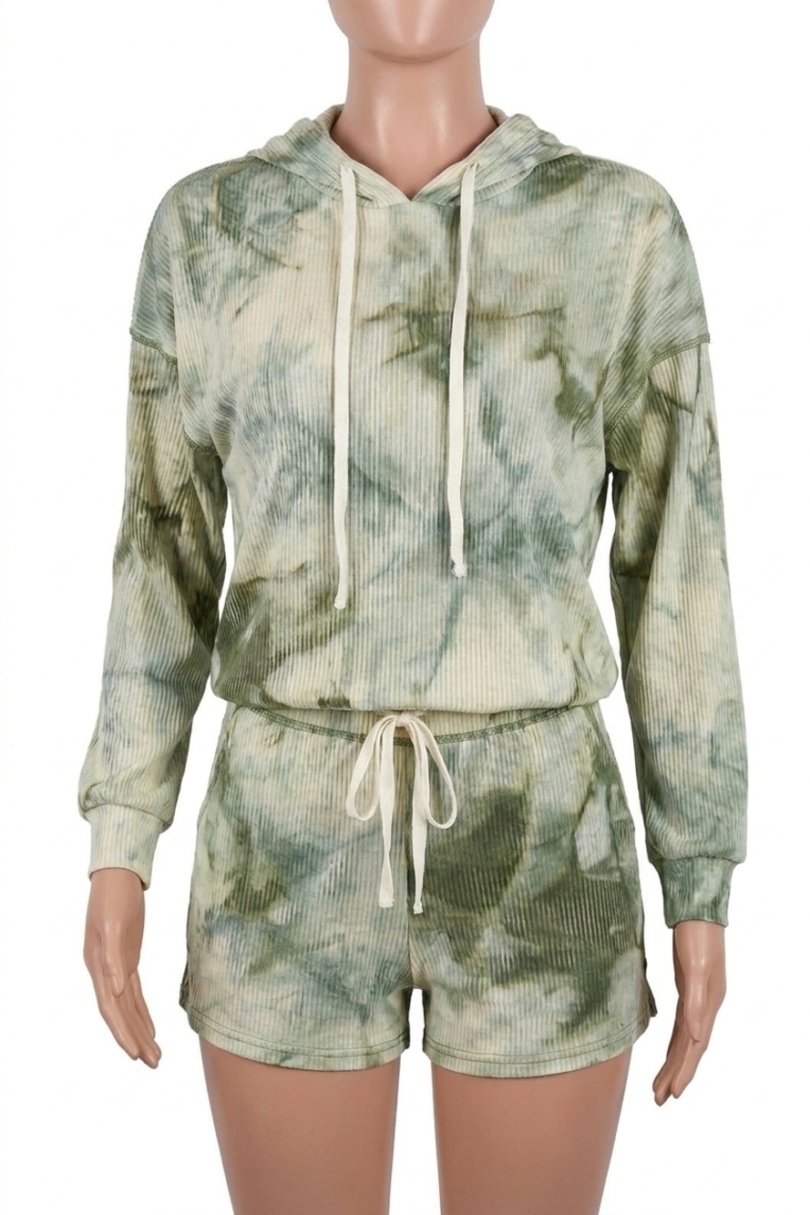 NEW HIDDEN jessica waffle tie dye hoodie and short set in olive
